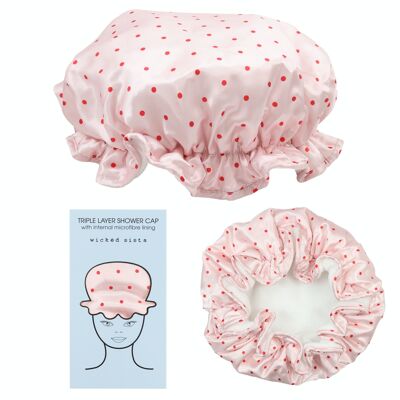 3-ply pink & red polka dot shower cap