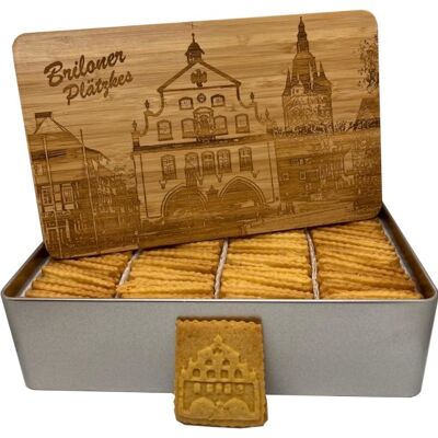 Biscuit jar with 750g logo biscuits / wooden lid / breakfast board and individual engraving