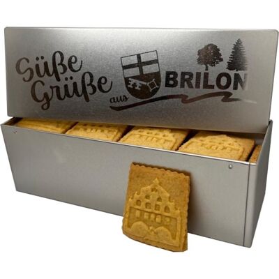 Chest with individual engraving and 30 butter-vanilla biscuits with embossing of your choice