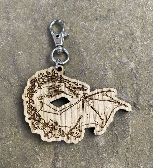 Raging Flower Dragon Engraved Wooden Charm Keyring