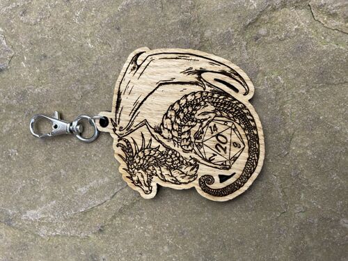 D20 Dragon Engraved Wooden Charm Keyring