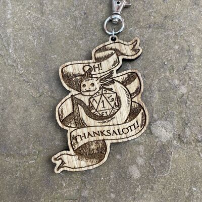 Oh! Thanksalotl Axolotl and Dice Wooden Engraved Charm Keyring