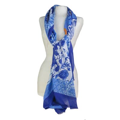 Cotton stole with Chinese vase pattern and Canton blue Chinoiserie, Asian inspiration