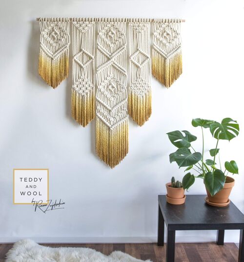 Geometric Macrame Wall Hanging -  ISA - Ocher Yellow - XL 79" x 77"