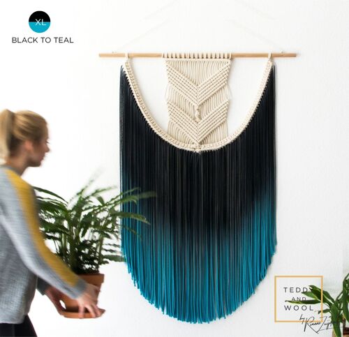 Macrame Fiber Art - Pick the perfect size and color - "EVA" - Black - to - teal - M (20" x 25")