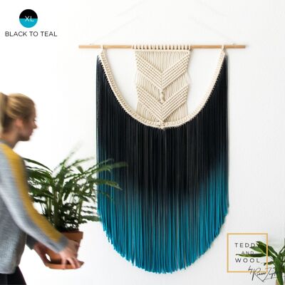 Macrame Fiber Art - Pick the perfect size and color - "EVA" - Black - to - teal - L (28" x 33.5")