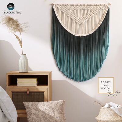 Dip-dyed Textile Wall Art - ALEXA - XXL: 46" x 53.5" - Black - to - teal