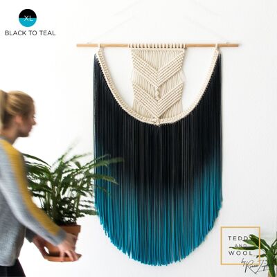 Macrame Fiber Art - Pick the perfect size and color - "EVA" - Black - to - teal - S (12" x 16.5")