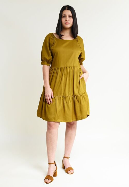 Knielanges Sommerkleid mit Volants "ME-TA" in Olive aus 100% Tencel