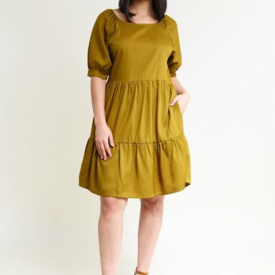 Knee-length summer dress with flounces "ME-TA" in olive made from 100% Tencel