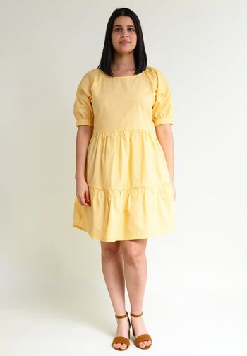 Robe d'été mi-longue à volants "ME-TA" jaune tendre en 100% coton biologique 1