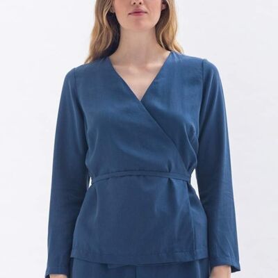 Wrap blouse "FRI-DA" in blue made of Tencel