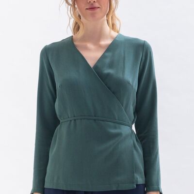 Camicetta avvolgente "WAN-JA" in verde realizzata in Tencel