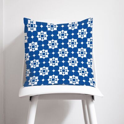 Cuscino di design con piastrelle geometriche blu e bianche, cuscino da lancio 45 cm x 45 cm