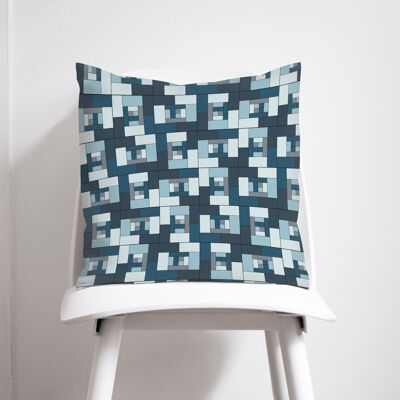 Blaues Kissen mit geometrischem Ziegelsteindesign, Dekokissen 45 x 45 cm