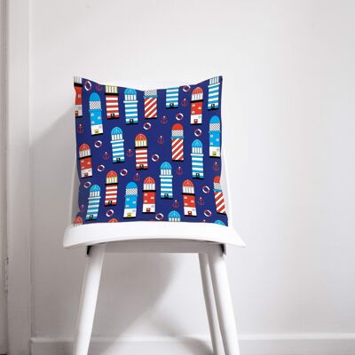 Blue Nautical Theme Cushion with Lighthouse Design, Throw Pillow 45 x 45 cm
