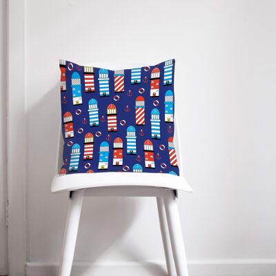 Blue Nautical Theme Cushion with Lighthouse Design, Throw Pillow 45 x 45 cm