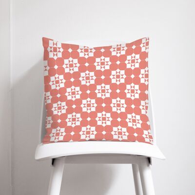 Coral and White Geometric Tiles Design Cushion, Throw Pillow 45 x 45 cm