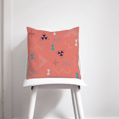 Coral Cushion wth a Navy Blue, Grey and Turquoise Kilim Design, Throw Pillow 45 x 45 cm