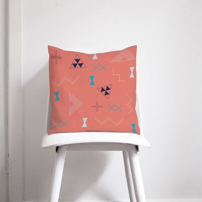 Coral Cushion wth a Navy Blue, Grey and Turquoise Kilim Design, Throw Pillow 45 x 45 cm