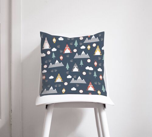 Dark Blue Cushion with an Outdoors Camping Theme Design, Throw Pillow 45 x 45 cm