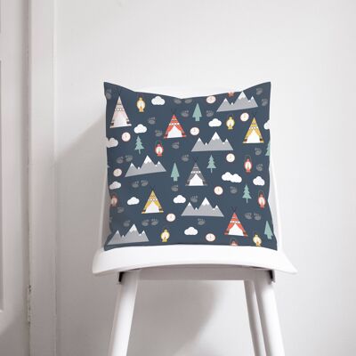 Dark Blue Cushion with an Outdoors Camping Theme Design, Throw Pillow 45 x 45 cm