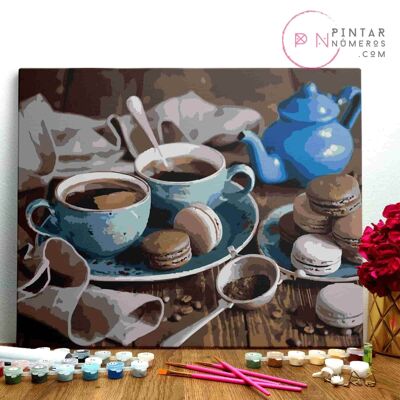 MALE NACH ZAHLEN ® - Kaffee und Macarons - (Malen nach Zahlen gerahmt 40x50cm)