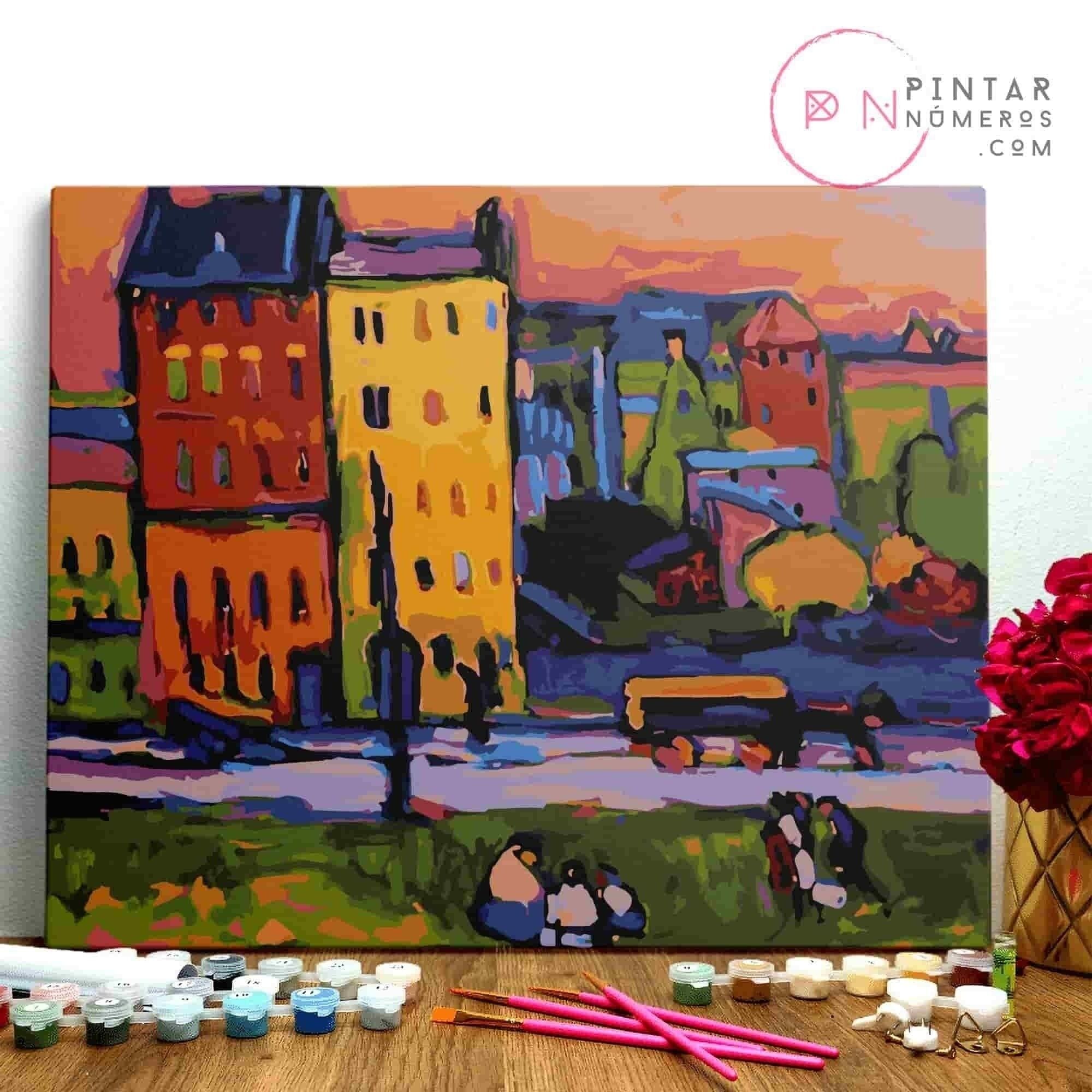PINTURA POR NÚMEROS ® - Casas en munich de Kadinsky - (Paint by Numbers Framed 40x50cm)