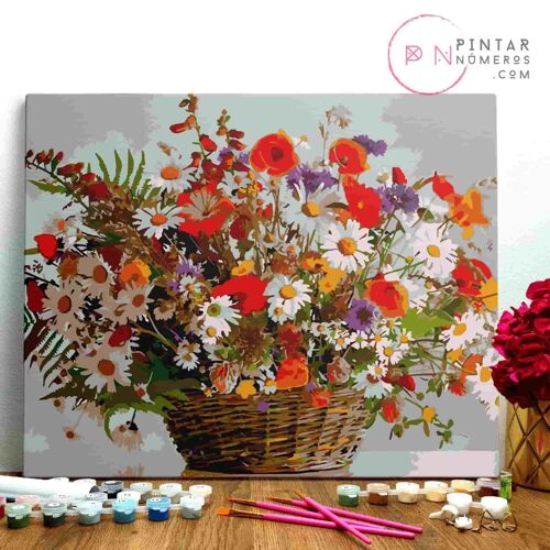 PINTURA POR NÚMEROS ® - Cesta de mimbre con flores - (Paint by Numbers Framed 40x50cm)