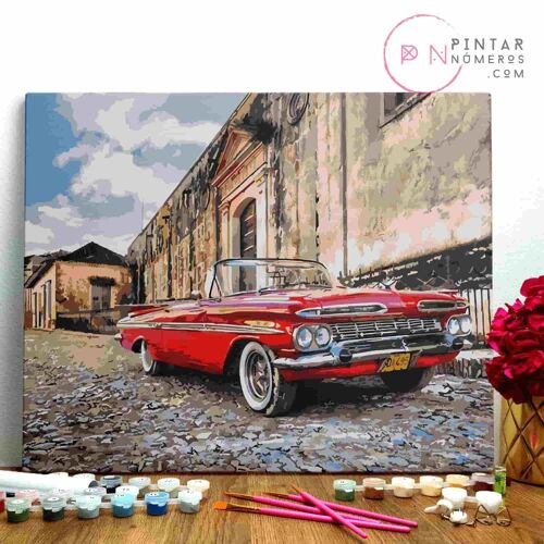 PINTURA POR NÚMEROS ® - Descapotable rojo Cuba - (Paint by Numbers Framed 40x50cm)