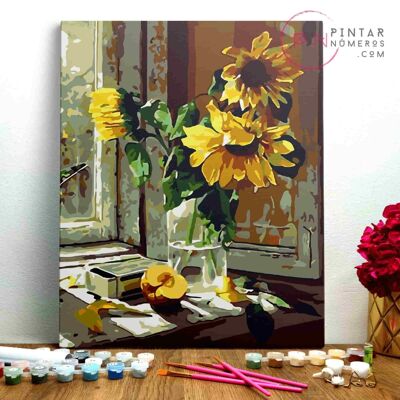 MALE NACH ZAHLEN ® - Sonnenblumen im Fenster - (Malen nach Zahlen gerahmt 40x50cm)