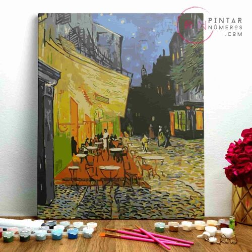 PINTURA POR NÚMEROS ® - Terraza de cafe por la noche de Vincent Van Gogh - (Paint by Numbers Framed 40x50cm)