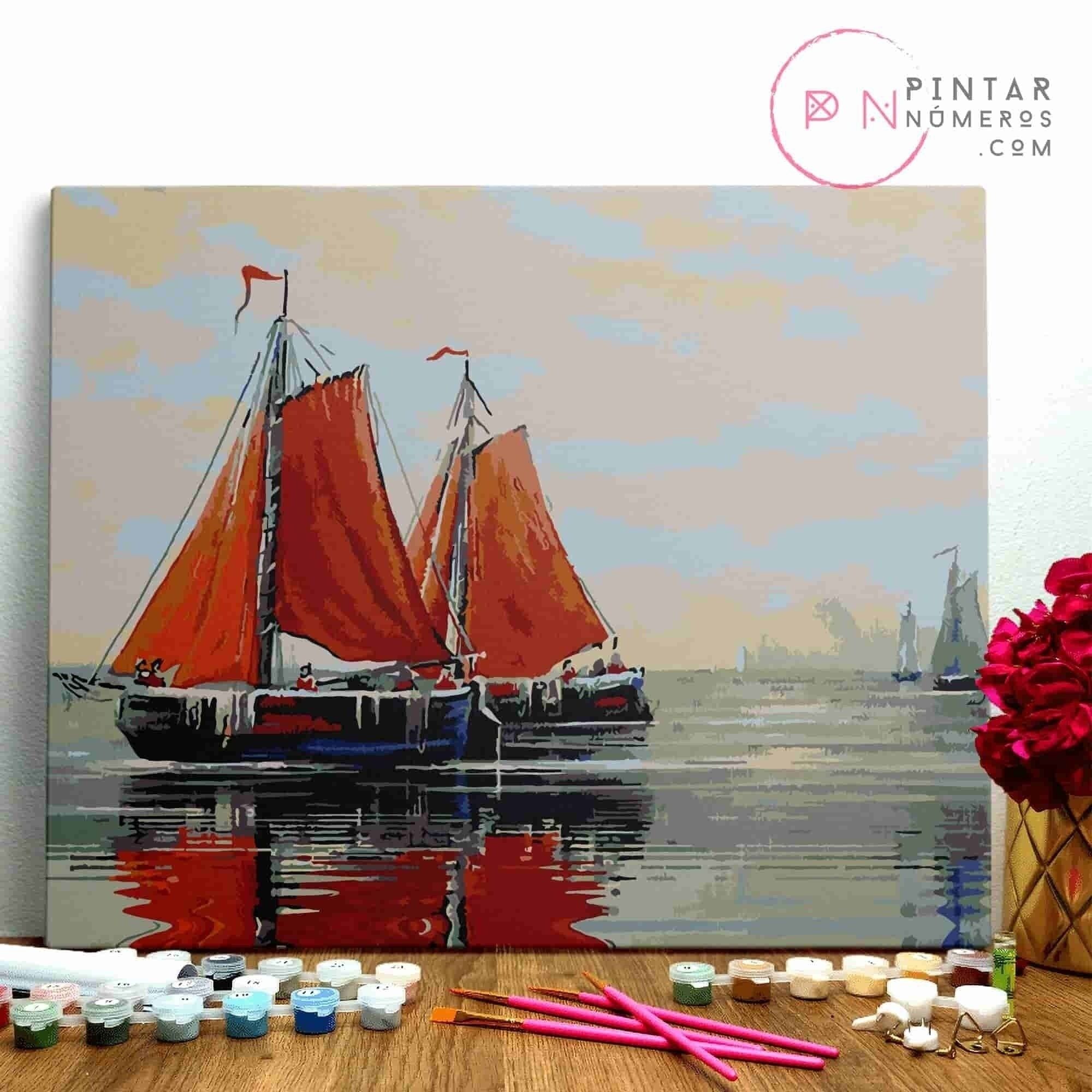 PAINTING BY NUMBERS ® - Orange Segelboote - (Malen nach Zahlen gerahmt 40x50cm)