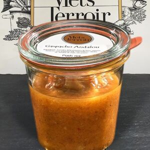 Gaspacho Andalou : Fraîcheur Méditerranéenne en Bocal, Soupe Froide de Tomates, Poivrons et Oignons pour une Entrée Rafraîchissante ou un Cocktail Estival.