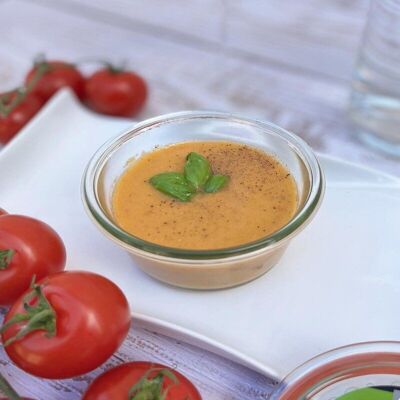 Andalusian Gazpacho: Mediterranean Freshness in a Jar, Cold Tomato, Pepper and Onion Soup for a Refreshing Starter or Summer Cocktail.