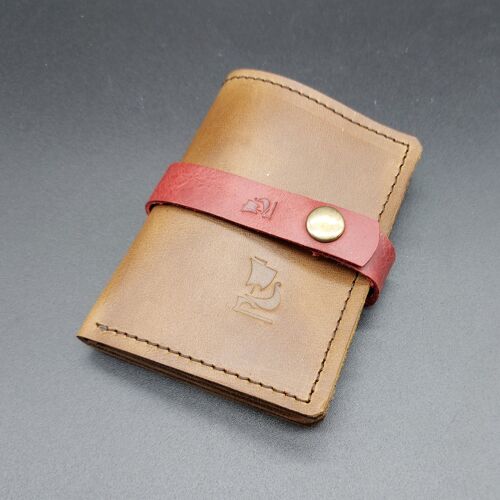 Card holder, wallet opplav III. Leather case for credit cards and bills. Nubuck cow leather . (Saddle brown & leather strip in Red color).