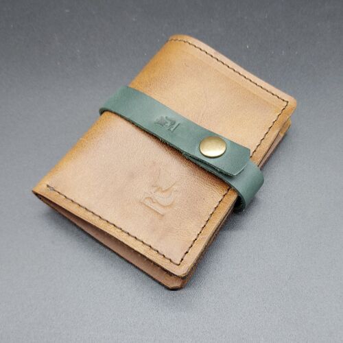 Card holder, wallet opplav III. Leather case for credit cards and bills. Nubuck cow leather . (Saddle brown & leather strip in Green Forest color).