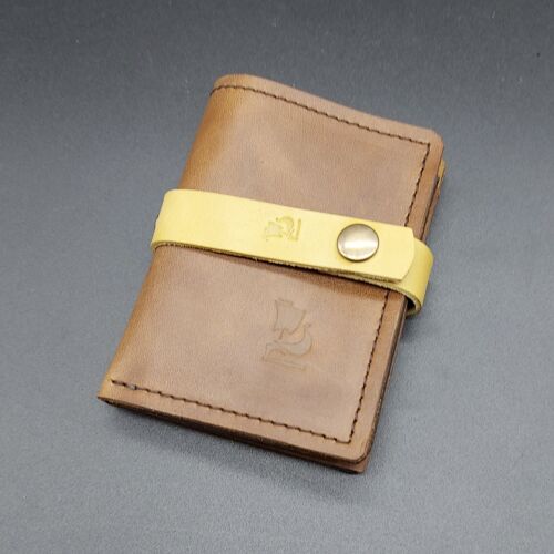 Card holder, wallet opplav III. Leather case for credit cards and bills. Nubuck cow leather . (Saddle brown & leather strip in Mustard color).