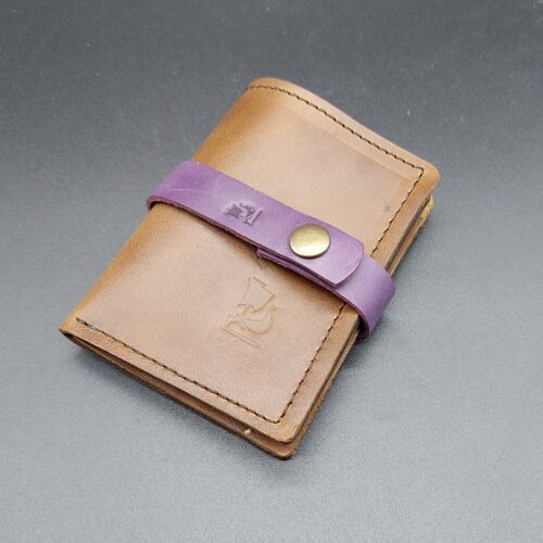 Card holder, wallet opplav III. Leather case for credit cards and bills. Nubuck cow leather . (Saddle brown & leather strip in Violet color).