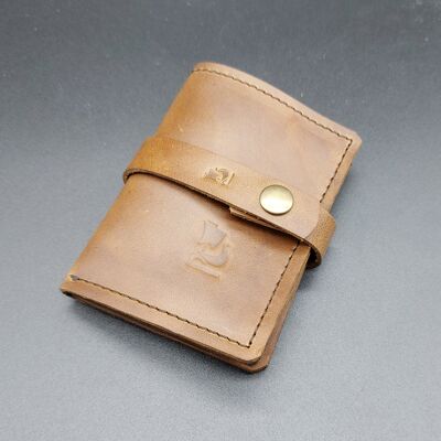 Card holder, wallet opplav III. Leather case for credit cards and bills. Nubuck cow leather . (Saddle brown & leather strip in Saddle Brown color).