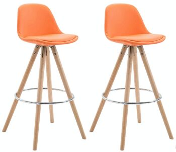 Lot de 2 tabourets de bar Franklin entièrement rembourrés simili cuir rond natura (chêne) orange 44x38x95 bois simili cuir orange