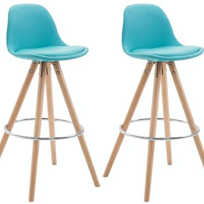 Set of 2 Franklin bar stools fully upholstered imitation leather round natura (oak) blue 44x38x95 blue imitation leather Wood