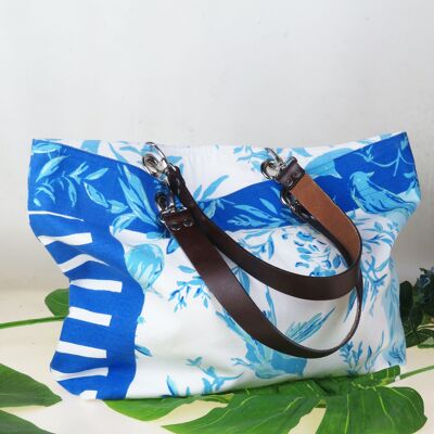 Reversible bag in Brigitte Bardot licensed cotton canvas with bird pattern and blue and turquoise stripes