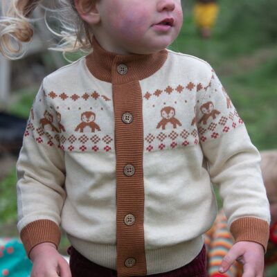 Von einem zum anderen gestrickter Cardigan mit Fair-Isle-Pinguin