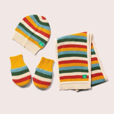 Set berretto, sciarpa e guanti lavorati a maglia a righe arcobaleno