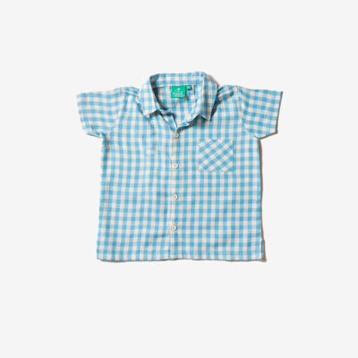 Blau kariertes Button-Down-Hemd aus Maisseide