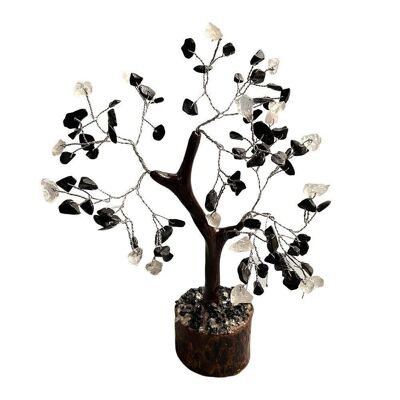 Edelsteinbaum, 100 Perlen, 18 cm, schwarzer Turmalin und klarer Quarz