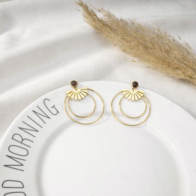 Golden fan and brown pearl earrings