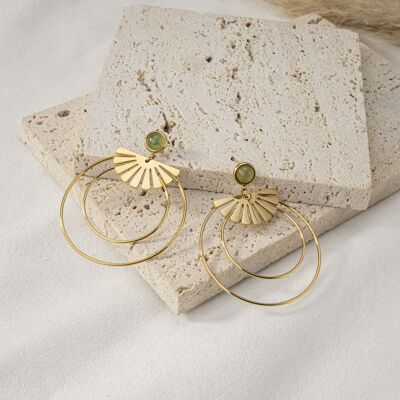 Golden fan and green pearl earrings