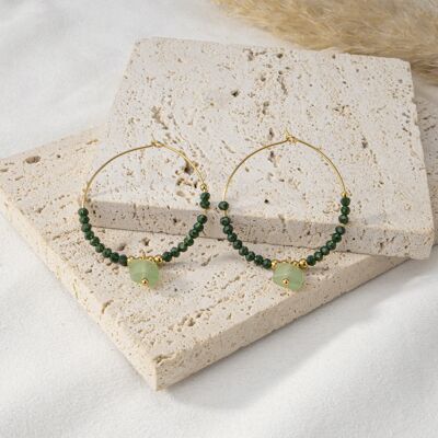 Golden hoop earrings with green beads